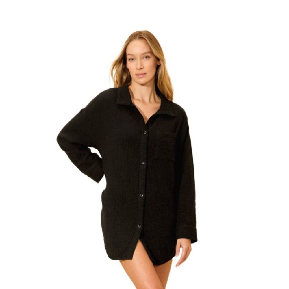 Shade & Shore Button Down Shirtdress Womens XS Black Cotton Gauze Swim Cover New